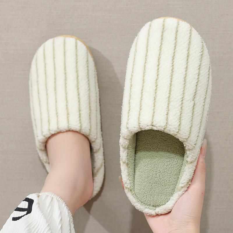 Japanese striped plush warm couple slippers autumn and winter new indoor soft bottom non-slip home cotton slippers