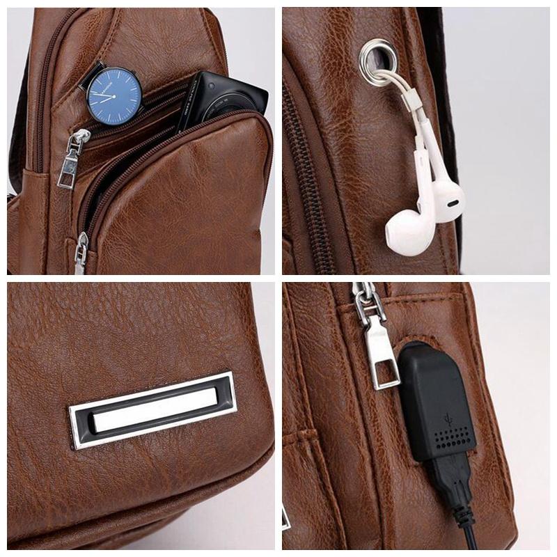 Portable Outdoor Crossbody Bag Pu Chest Bag Casual Shoulder Bag Usb Charging Mobile Phone Bag for