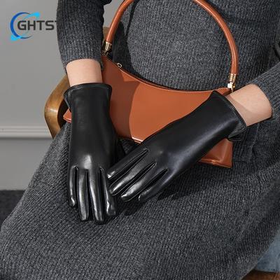 Elegant Leather Gloves Women Winter Plus Fleece Thickened Warm Touch Screen Driving Riding Fashion Windproof Gloves