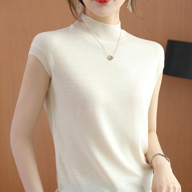 Thin Camisole Vest Women's Summer Half High Neck Short Sleeved T-shirt Women's Knitted Loose Temperament Sleeveless Top Women's Base Shirt