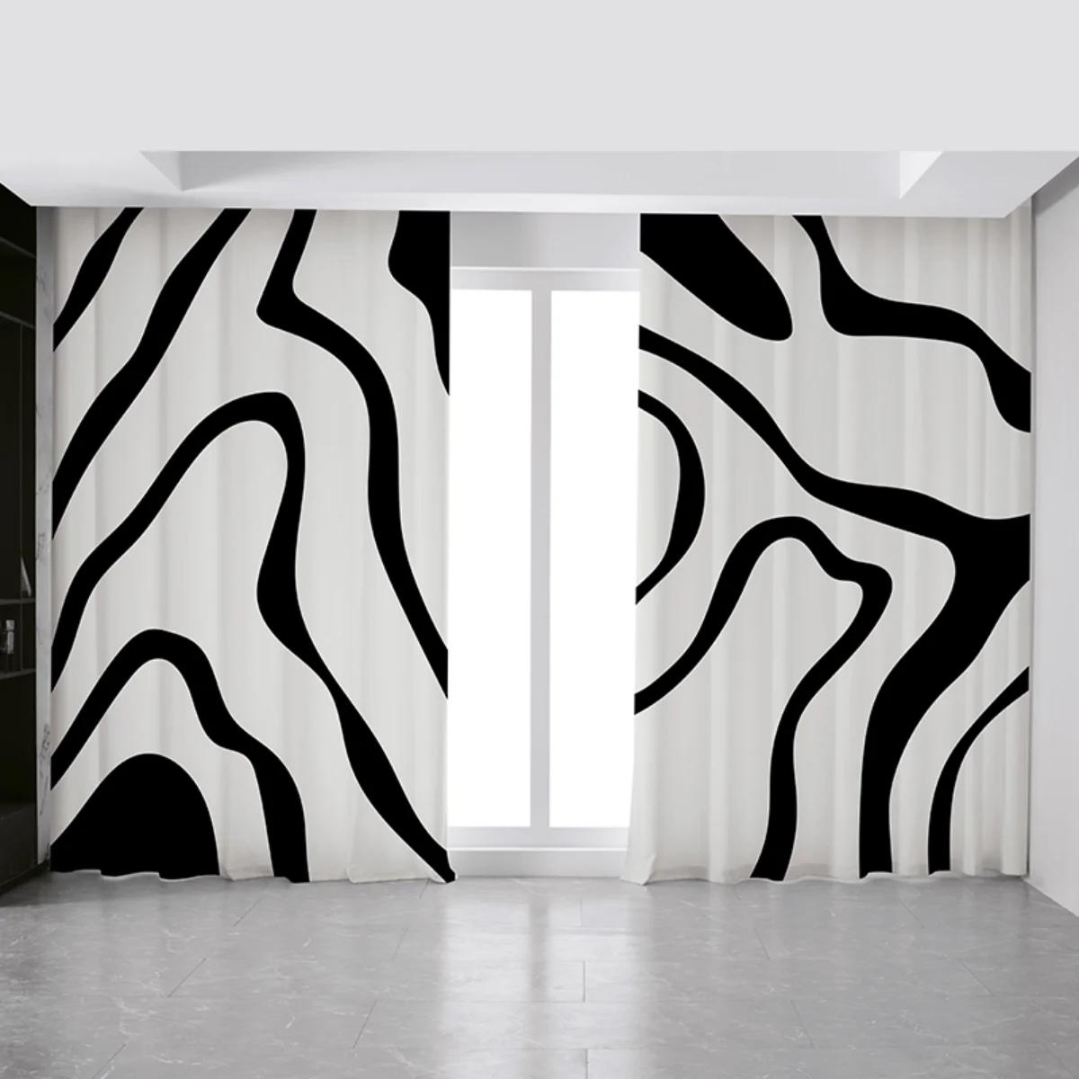 Nieuwe Stijl Abstracte Eenvoudige Raambekleding Zwart Wit Zebra Patroon Hoge Verduisterende Stof Gordijnen voor Slaapkamer Woonkamer Jaloezieën Gordijn 2 Panelen W55 X H120cm X 2&HOOK