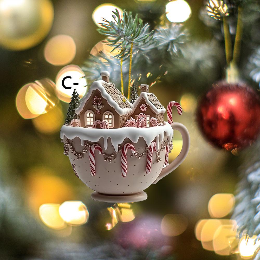 Fancyfamily 1PC Christmas Tree Snow House Coffee Cup 2D Acrylic Pendant Decoration Christmas Decoration