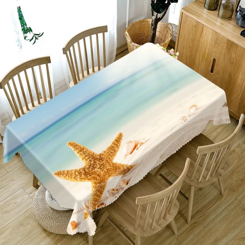 Conch Shell Seascape Pattern Resort Beach Tablecloth Thicken Cotton Rectangular Round Table Cloth For Wedding Picnic Party