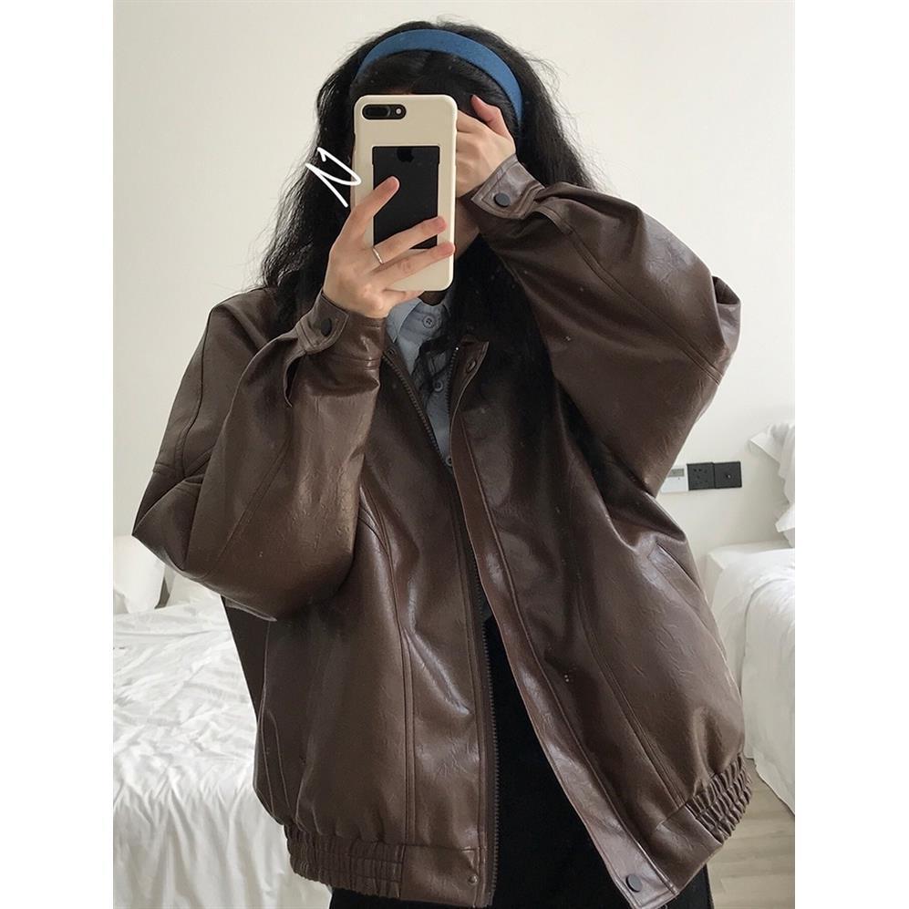 Women's Retro Brown & Black Leather Motorcycle Jacket - Spring/Autumn Loose Outerwear