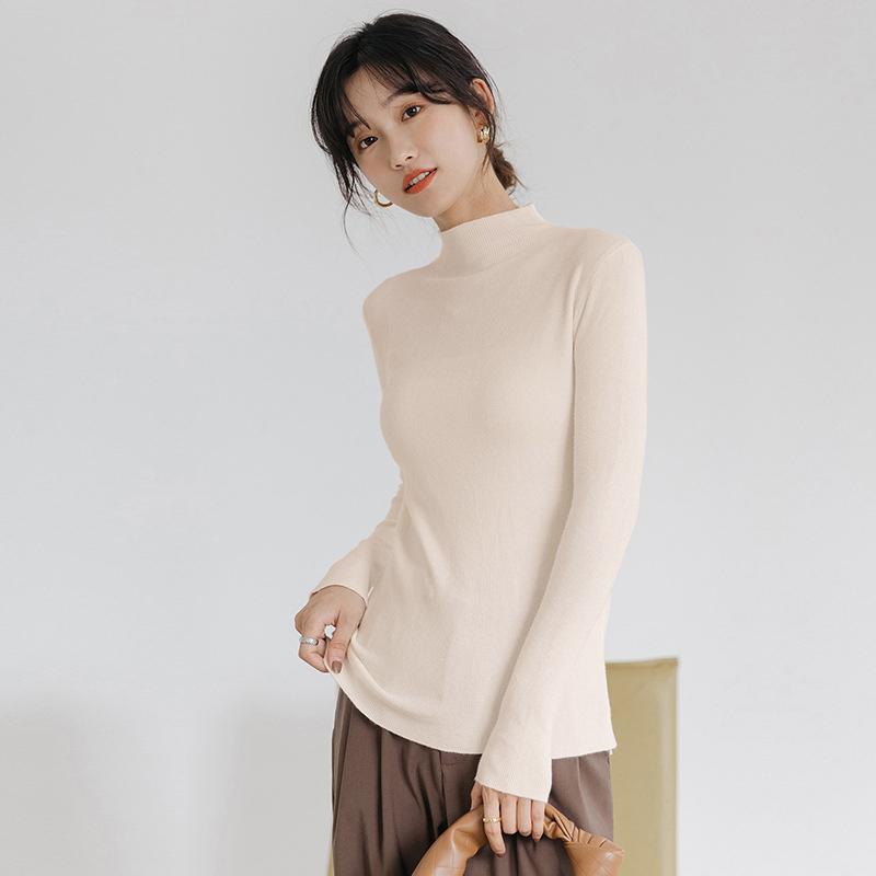 Fall Winter Half Turtleneck Sweater Slim Top Long Sleeves Solid Color Bottoming Sweater