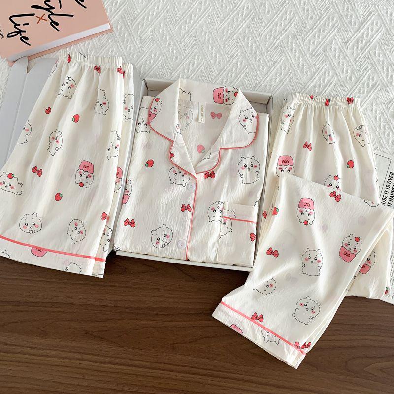 Summer Women's Three-Piece Pajama Set: Cardigan, Short Sleeve Top, Shorts, and Long Pants - Lightweight and Cute for Home or Outdoor Wear