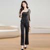 Women's Spliced Blouse & Straight Pants Casual Set
