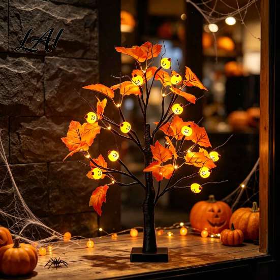 Harvest Festival Party Ornaments Halloween Maple Leaf Artificial Tree Light 12 LED Glowing Eyeballs/Ghost Battery Powered Seasonal Decorative