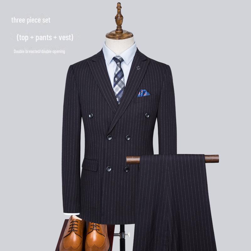 Terno Listrado Masculino de Abotoadura Dupla Estilo Coreano Slim Fit - Casual Casamento Noivo Três Peças