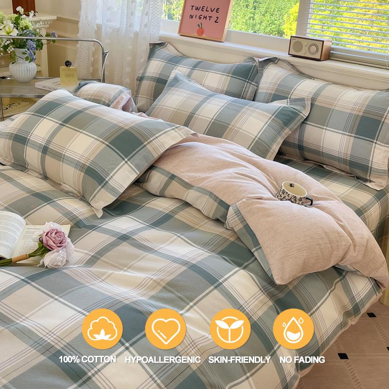 Plaid Style Duvet Cover Set 100% Cotton Bedding Set (1 Duvet Cover 2 Pillowcases),Twin/Full 140x200 200x200,Breathable, Soft