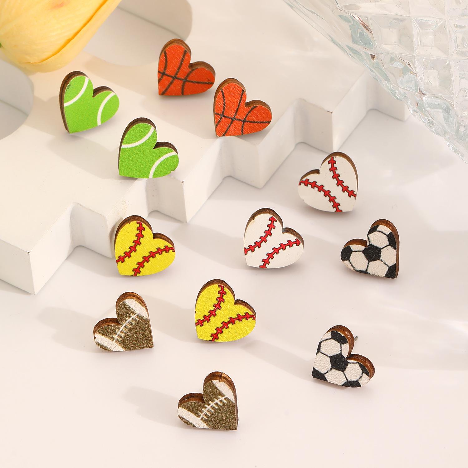 

Heart Sports Ball Stud Earrings: Volleyball, Football, Basketball, Rugby for Women