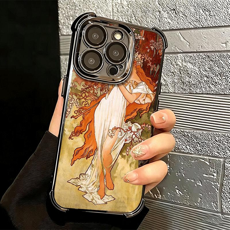 Vintage Alfons Mucha Primavera Soft Phone Case For iPhone 15 16 17 Air 14 Pro Max 16E Plus 13 12 Mini Plating Anti-Fall Fundas