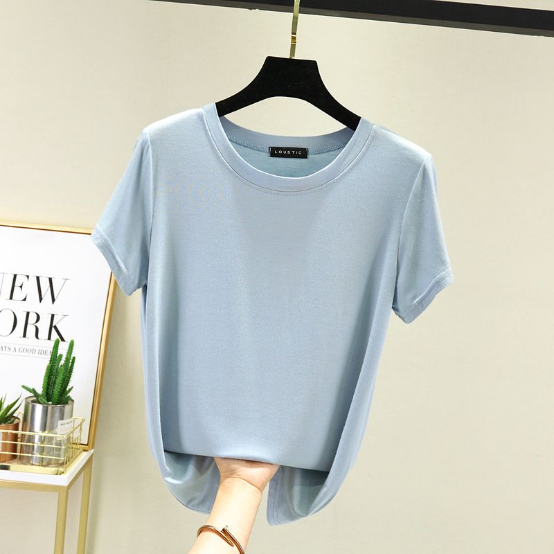

2025 Spring and Summer Modal Bottoming Shirt Women s Pure Color Underwear Long Sleeved Top Thin Plus Size Loose round Neck T-shirt Light Blue 2XL (70.00 kg-85.00 kg recommended