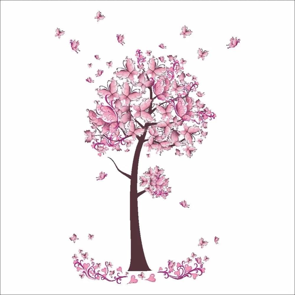 Pink Butterfly Flower Tree Wall Stickers Decals Girls Women Flower Mural Vinyl Wallpaper Home Living Room Bedroom Decor