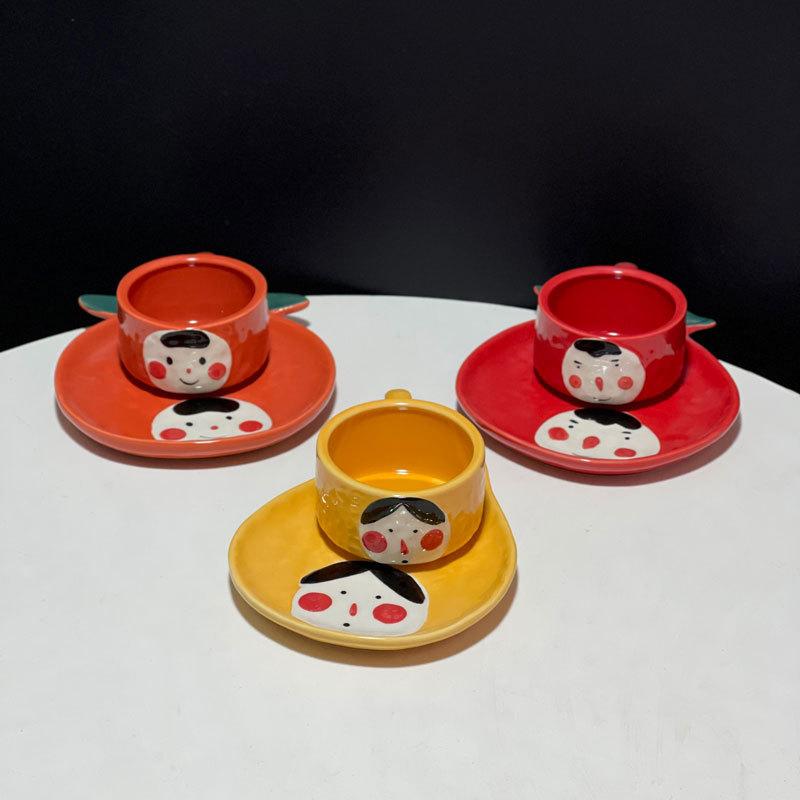Creative And Cute Hand-Painted Apple Pear Tomato Ceramic Cup And Saucer Cartoon Personalized Underglaze Fruit Coffee Cup And Saucer Set