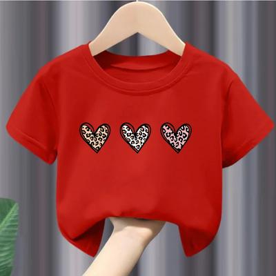 Love Heart Print Three-heart Print Short-sleeve Girls' Round Neck T-shirt Children's Clothing
