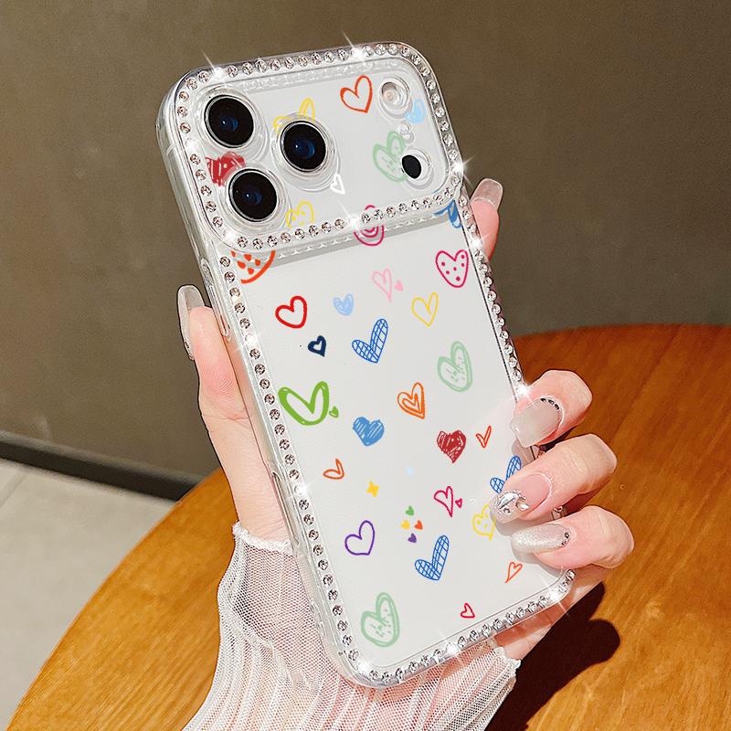 Pink Hearts Eye Pattern Diamond Case For iPhone 17 Pro Max Funda iPhone 16 Pro Max 15 14 13 11 Clear TPU Silicone Soft Cover