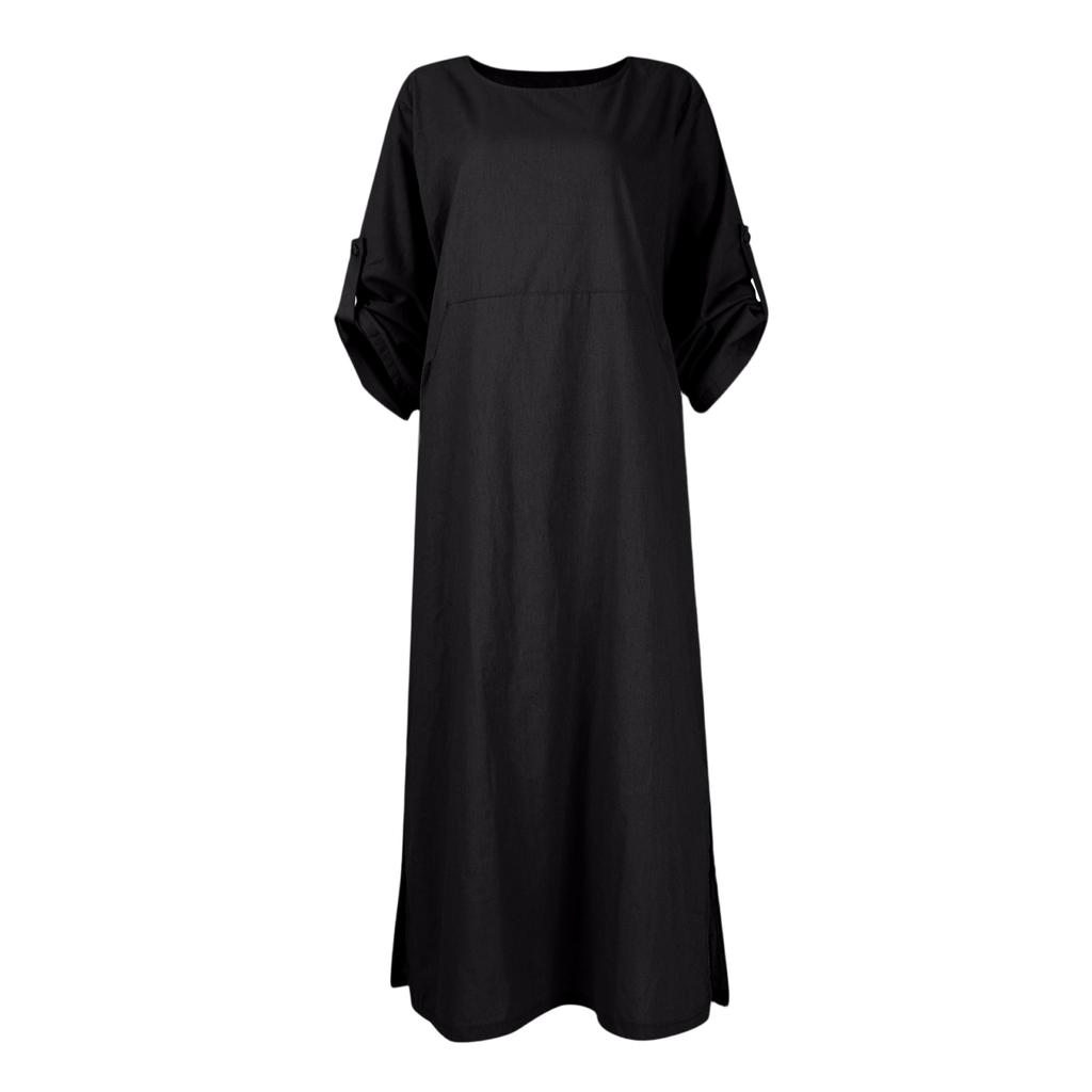Modisches Damenkleid mit Rundhalsausschnitt, Farbe, locker, lässig, kurzärmelig, Tasche, Baumwolle und Leinen