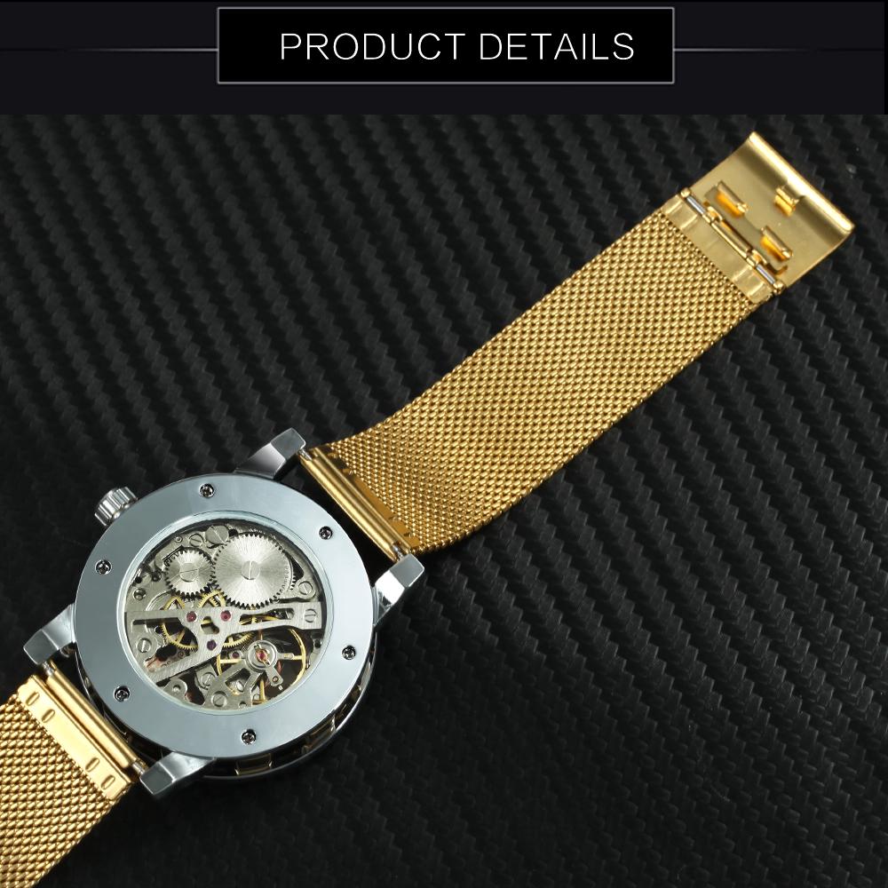 WINNER Goldene Uhren Männer Skeleton Mechanische Uhr Kristall Mesh Schlank Edelstahl Band Top Marke Luxus Hand Wind Armbanduhr Business Uhr