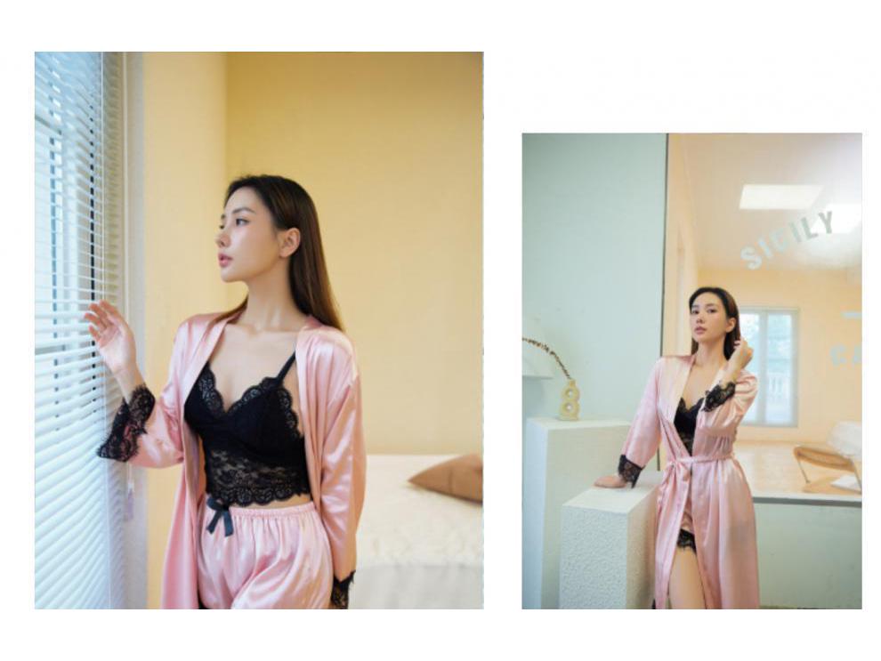 European & American Lace Satin Women's 4-Piece Pajama Set - Sexy, Seductive Nightgown & Robe