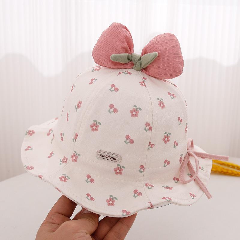 Cute Bow Baby Girl Bucket Hat Sweet Flower Cherry Print Cotton Newborn Infant Fisherman Cap Drawstring Adjustable Toddler Sun Hats