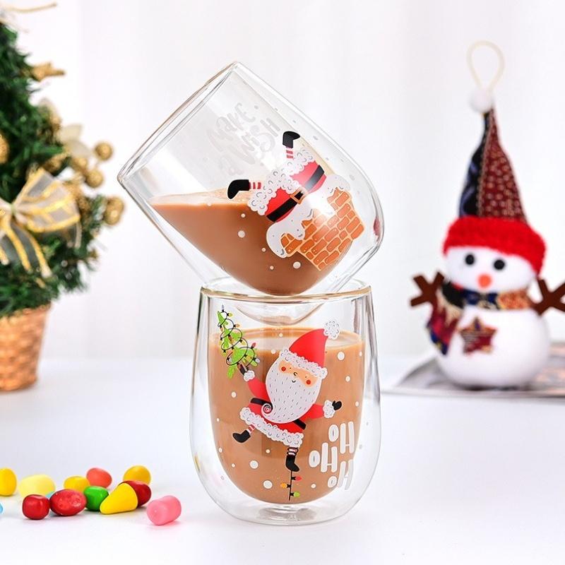 Christmas Double Wall Glass Cups Santa Claus Pattern Heat-resistant Water Cup Home Juice Tea Milk Coffee Mug Xmas Gift Drinkware