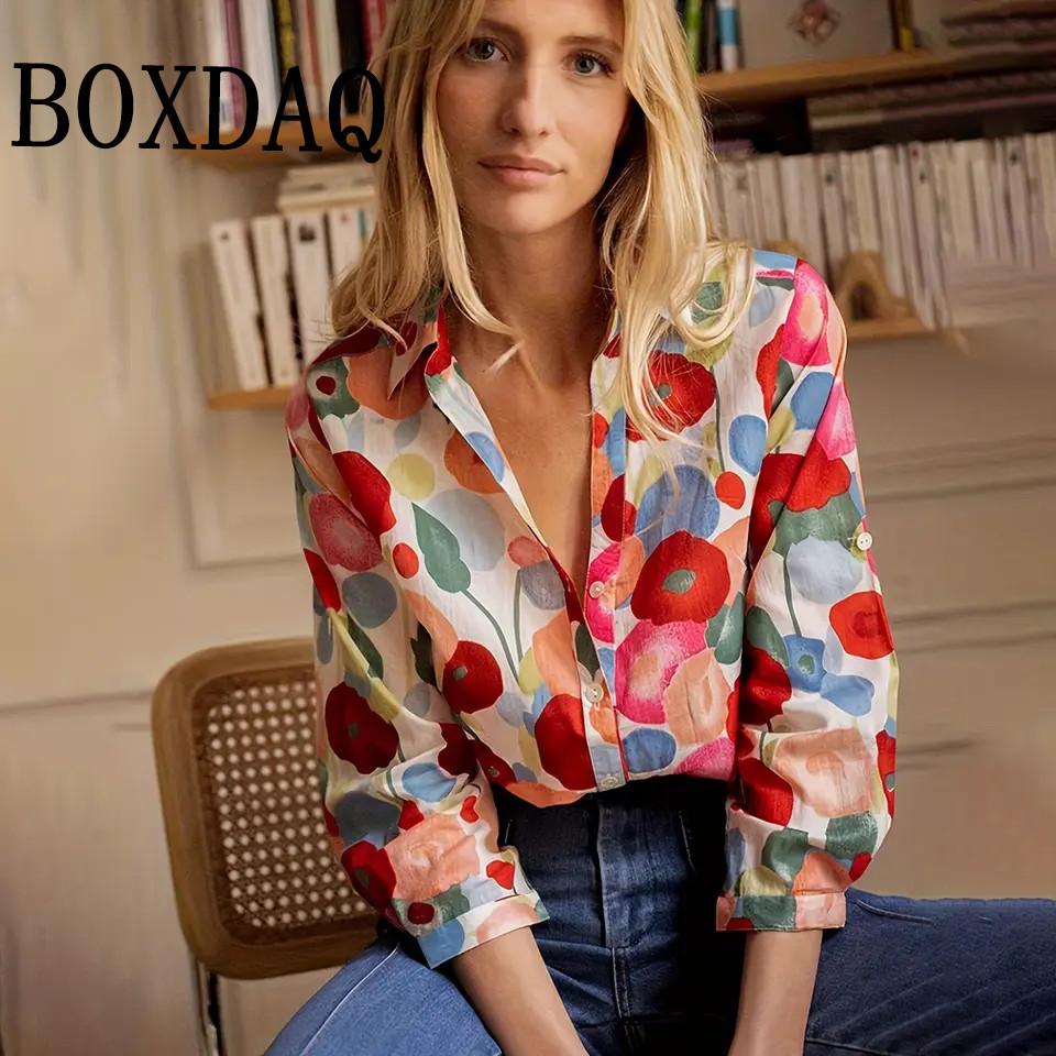 Women'S Simple Shirts New Floral Print Shirts Summer Vintage Lapel Button Tops Elegant Fashion Long Sleeve Blouses Casual