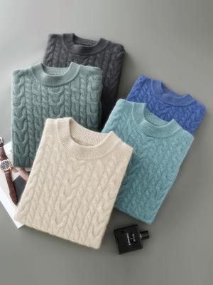 Men's 100% Pure Wool Round Neck Sweater – Autumn/Winter Thick Knit, Casual Loose Fit, Inner Cashmere Base Layer.