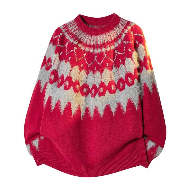 Mens Winter Heavyweight Icelandic Knit Sweater Fair Isle Crew Neck Loose Fit Casual Pullover