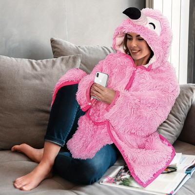 Flamingo Wearable Hooded Blanket for Adults Super Soft Shaggy Faux Fur Plush Fleece,Cozy Warm Hoodie Throw Cloak Wrap with Flamingo Face Design,