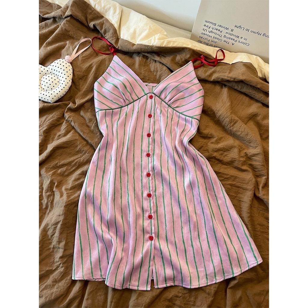 Sweet Girl Pink Striped Ice Silk Suspender Nightdress Women's Summer 1011 New Home Dress That Can Be Worn Outside