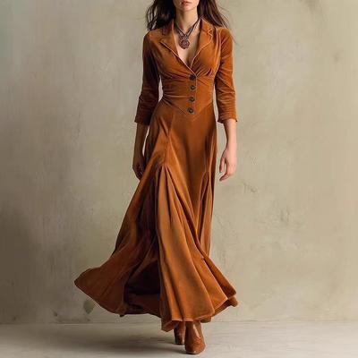 European & American Women's Solid Color Long Dress with Buttoned Lapel, Waist-Cinched A-line Skirt & Seven-Sleeve Design for 2025.
