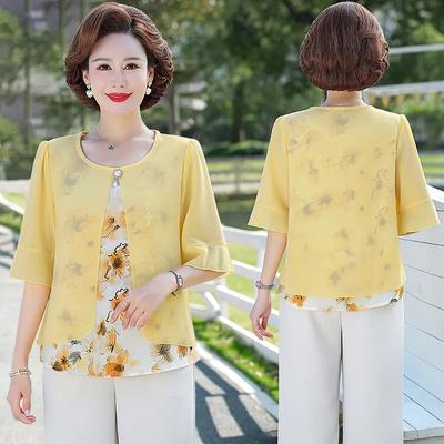Women's Summer Plus Size Temperament Elegant Chiffon Shirt Middle-aged Loose Casual Short Sleeve T-shirt