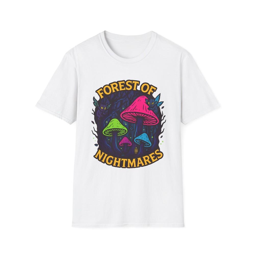 

Unisex Softstyle T-Shirt surreal neon forest mushrooms with winged creatures 4XL
