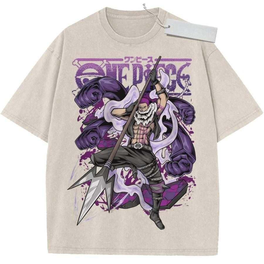 Summer Mens Purple Washed T  Shirt One Piece Purple  Haired Mihawk Spear Purple Aura High  Quality Fabric for Casual M
