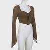 American Street Style Sexy V-Neck Irregular Pleated Long-Sleeve Crop Top