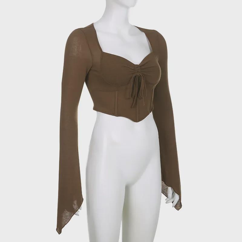 American Street Style Sexy V-Neck Irregular Pleated Long-Sleeve Crop Top