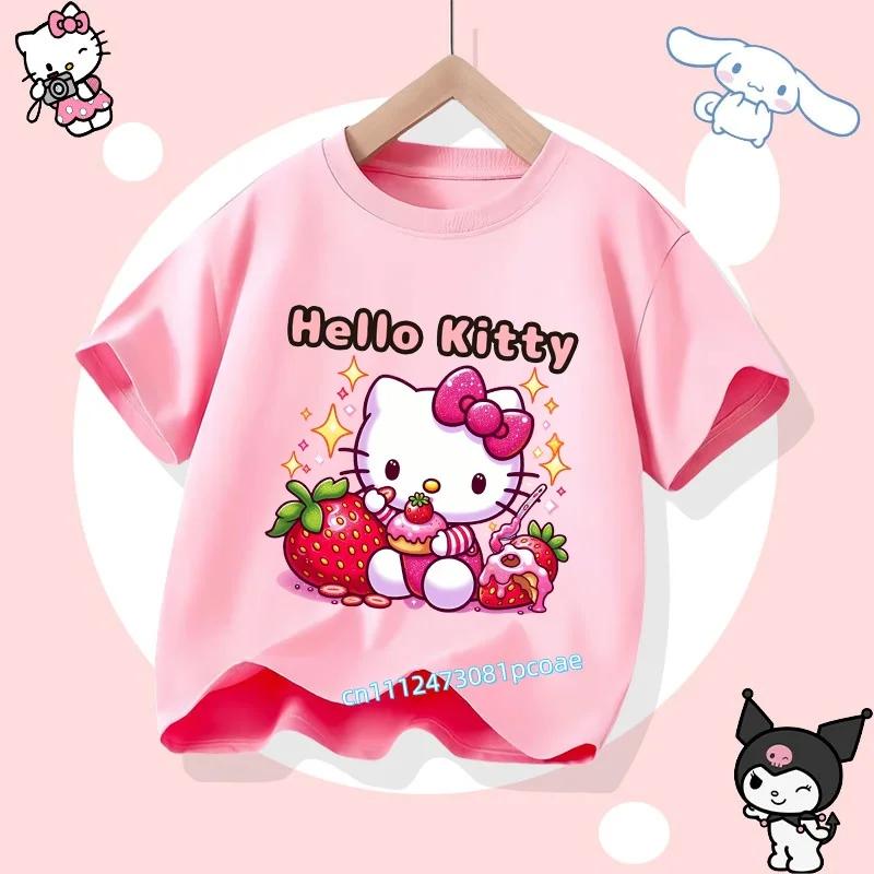 2026 Hello Kitty Summer Tshirt  Cotton ShortSleeved Girls Sportswear with Cartoon Print for Children Aged 112 Years Old