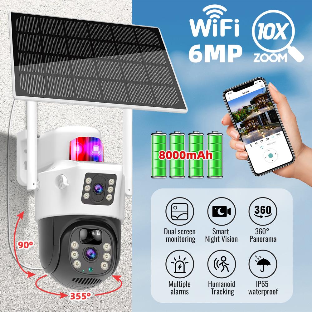 IR Night Vision Surveillance Camera Wireless Dual Lens Security Camera 6MP  Human Tracking Solar Charging Bulit-in Battery Cam