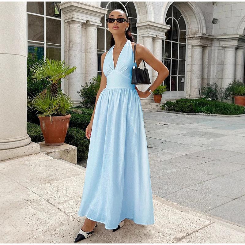 Dámské letní bavlněné dlouhé šaty bez rukávů, sexy výstřih do V, boho maxi šaty, volný styl, dlouhé šaty, oblečení
