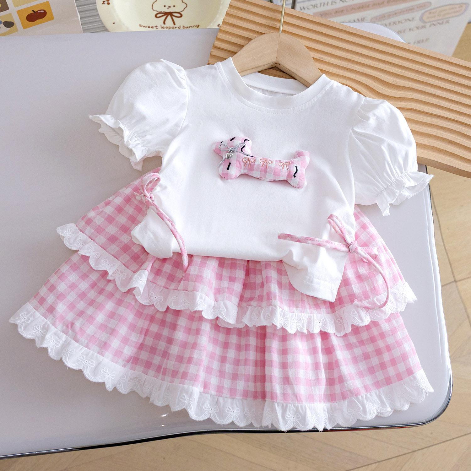 Girls Summer Sweet Princess Outfit 3D Puppy Short Sleeve Top With Pink Plaid Tiered Skirt Two Piece Set 80cm