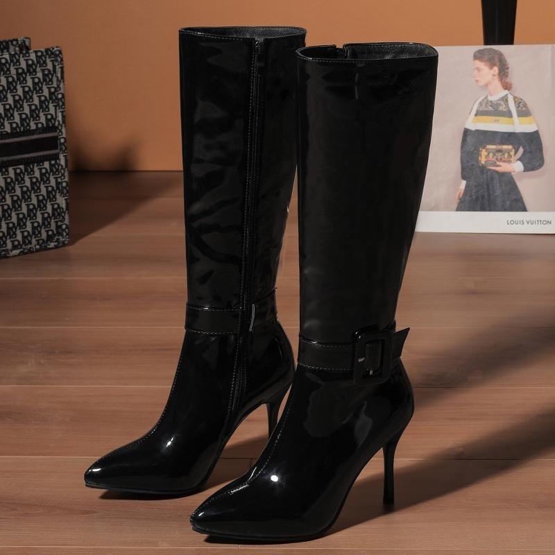 Black White Knee High Boots For Women Sexy PU Leather Winter Long Boot Female Thin High Heels Zipper Party Shoes Large Size 45