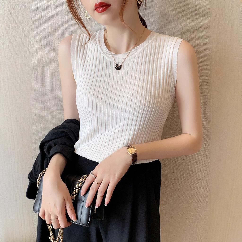 White bottomed vest for women inside and summer outside, tight short small suspenders, ice silk thin knitted sweater, sleeveless top.