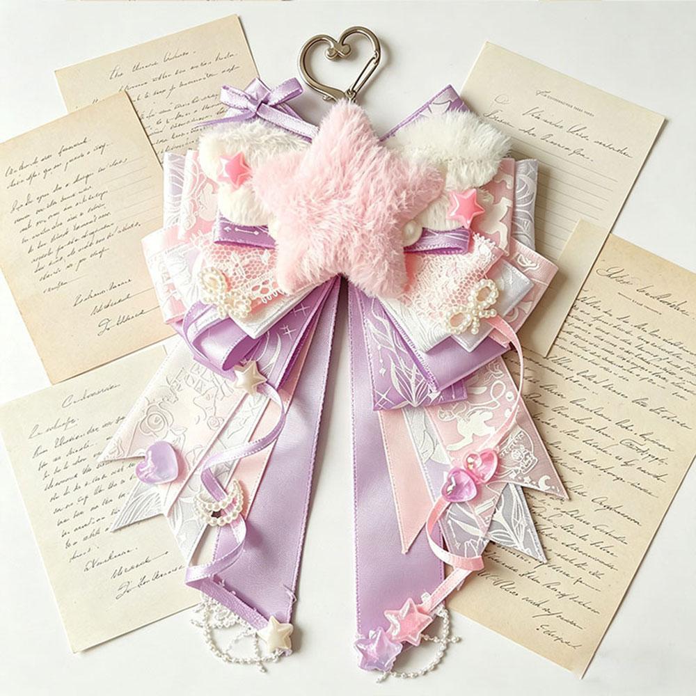 Cute Plush Heart Wings Bow Brooch Badge Handmade Pastel Ribbon Pin With Star Heart Charm Ita Bag Decor Light Sticks Accessories