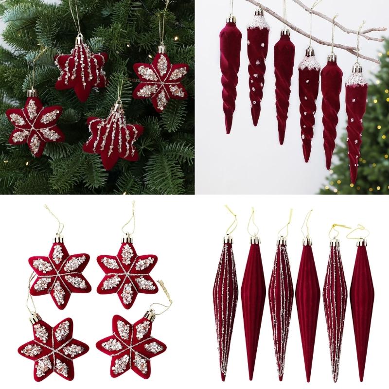 Christmas Tree Baubles Wine-Red Plastic Geometric Ornament with Textured Finish and Hanging Strings for Shop, Hotel