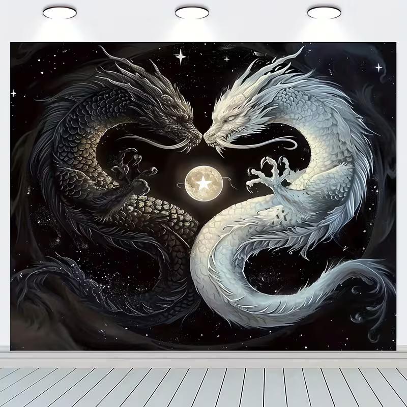 2D Majestic Dual Dragon Tapestry Yin Yang Starry Night Fantasy Zen Wall Decor Background 47.2x31.5inch/120*80cm