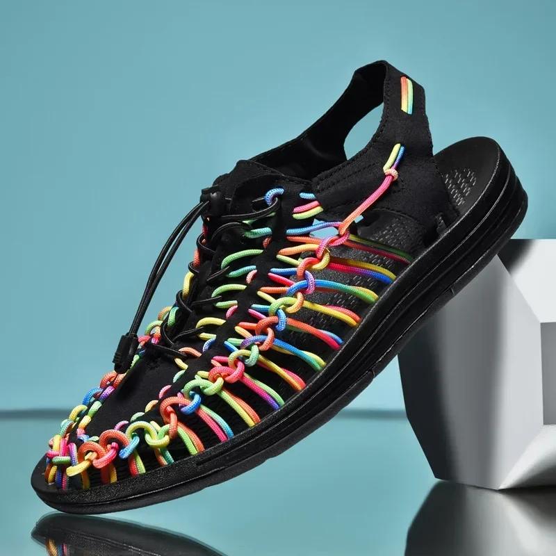 Fashion Summer Men Women Slippers Weaving Design Beach Sandals Breathable Casual Flat Sandals Outdoor Couples Sandals Size 48