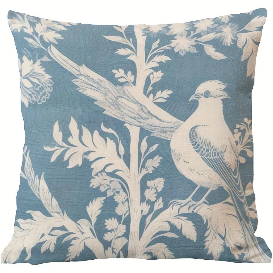 1pc Linen Pillow Covers Featuring Birds And Botanical Designs in Aquamarine Blue And Ivory, Designed in Chinoiserie Style. This Asian Throw Pillow Cas