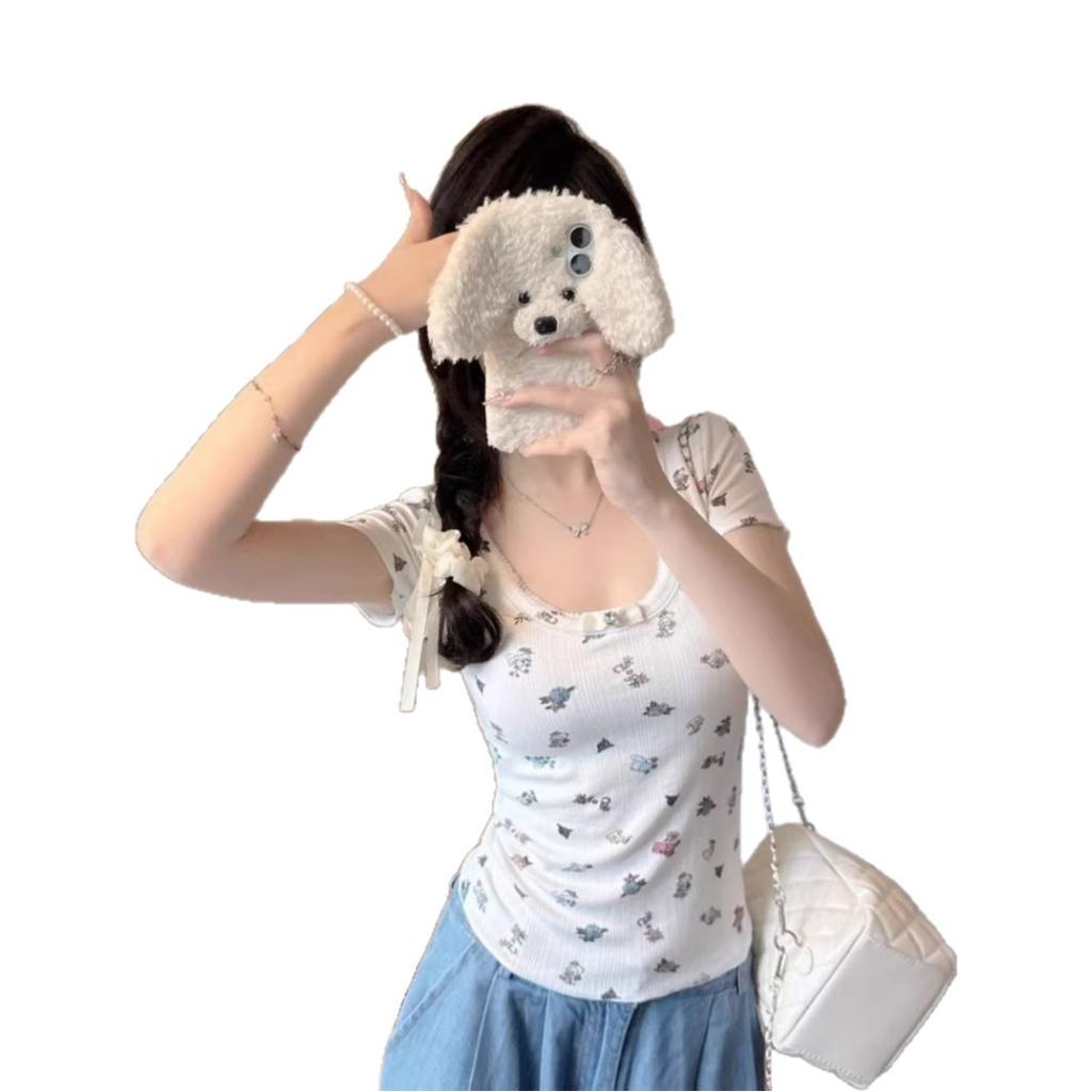 Sweet Spice Girl U-Neck Floral Bow with Chest Pad Short Sleeve T-Shirt Women's Summer New Slim Skinny Versatile Top