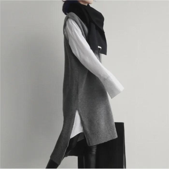 2025 Korean V-neck Sweater Vest Dress: Thick, Knit, Asymmetrical Hem, Autumn/Winter, Medium-Length